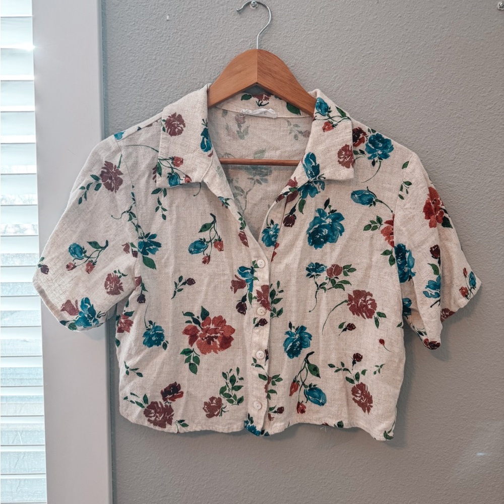 Sage Floral Button-Down Crop Top